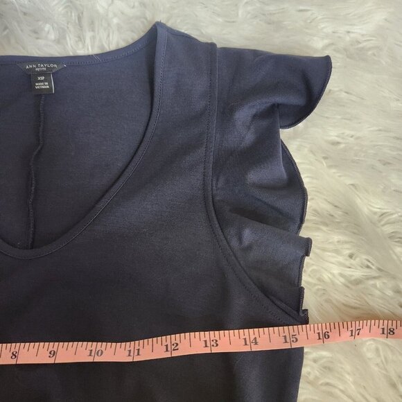 Ann Taylor V Neck Ruffle Flutter Sleeve Midi Maxi Dress Size XS Petite Navy Blue - Picture 7 of 12